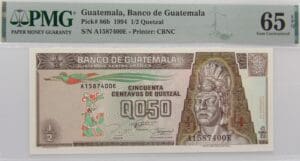 Guatemala 50 centavos banknote featuring a historical figure and intricate designs.