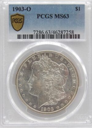 Close-up of a 1896 Morgan silver dollar graded by PCGS.