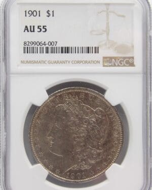 An 1855 AU graded coin with detailed engraving in a protective case.