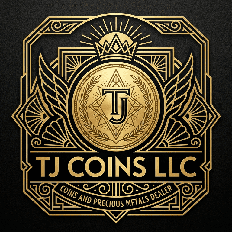 Elegant gold and black logo for TJ Coins LLC featuring a crowned coin.